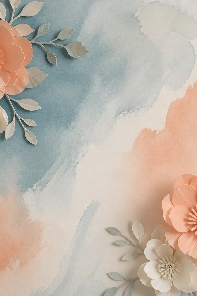 A frame with a watercolor wash background in dusty blue and peach. Over it, simple layered paper flowers in peach and cream are placed with a few faux stems behind them. The background has visible brush strokes.