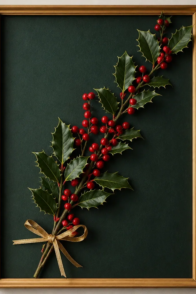 A 10x15 frame with dark green backing. Faux holly sprigs and red berry stems form a diagonal line from bottom left to top right. A thin gold ribbon is tied around the bottom stem cluster.