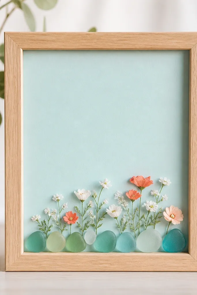 A light wood frame with pale aqua backing. A few small faux sea glass pieces are glued near the bottom edge, and tiny white and coral paper flowers sit above them like a mini garden patch.