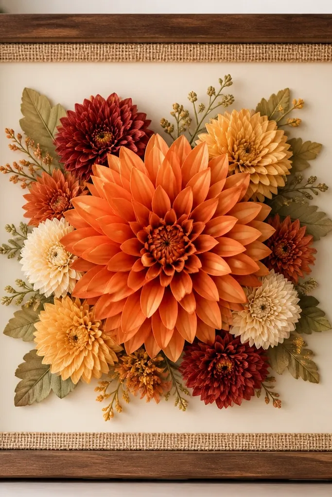 A 12x12 frame with cream backing. A large orange faux dahlia sits in the center, with smaller mums around it. Burlap trim wraps the inner border like a thin frame within the frame.