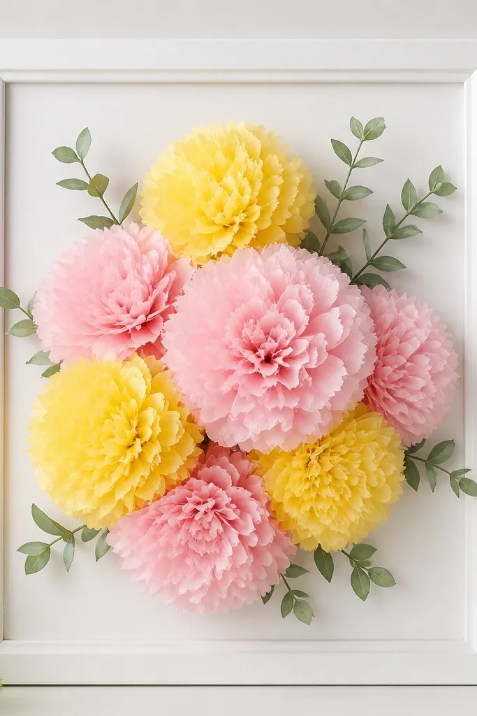 A white 8x10 frame with a cluster of tissue paper pom flowers in yellow and soft pink. Faux greenery stems are tucked behind the pom cluster, and the pom edges look fluffy and rounded.