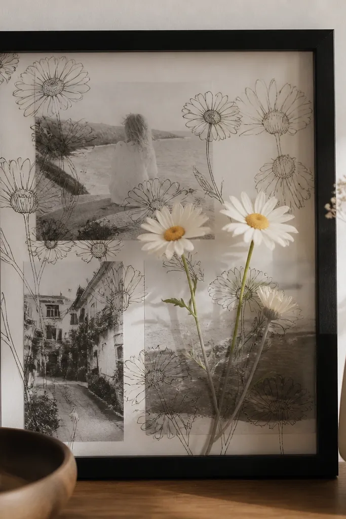 A 11x14 frame with black-and-white photo prints as backing. Over the photos, small black outlines of daisies are printed or drawn, and a few real faux daisies sit in front. The daisies look layered against the photo texture.