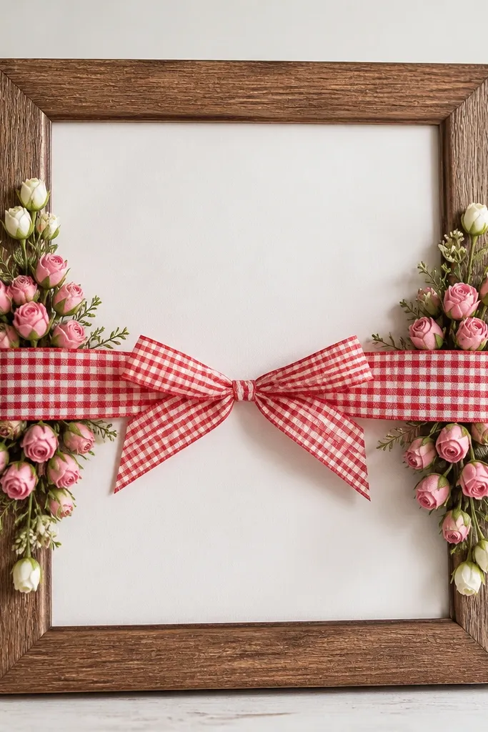A 10x12 frame with red-and-white gingham ribbon tied horizontally across the center. Small faux pink rosebuds are clustered along the ribbon edges, with a few white buds near the corners.