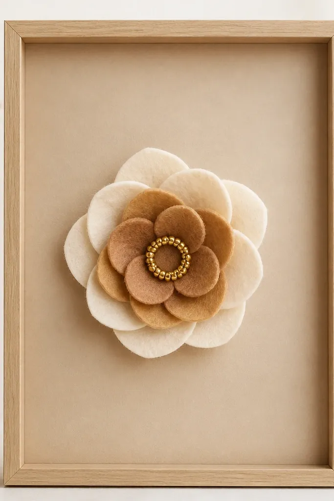 A 9x12 frame with tan backing. A single felt flower sits in the center with layered petals in cream and caramel. The center has a circle of small gold beads stitched in a ring.