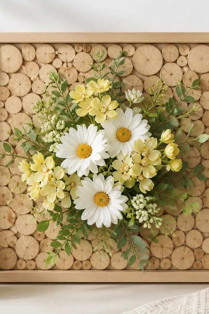 A 12x12 frame with a backing made of thin stacked wood slices in light honey tones. Faux spring flowers in white and pale yellow sit in the center, with small green leaves spreading outward.