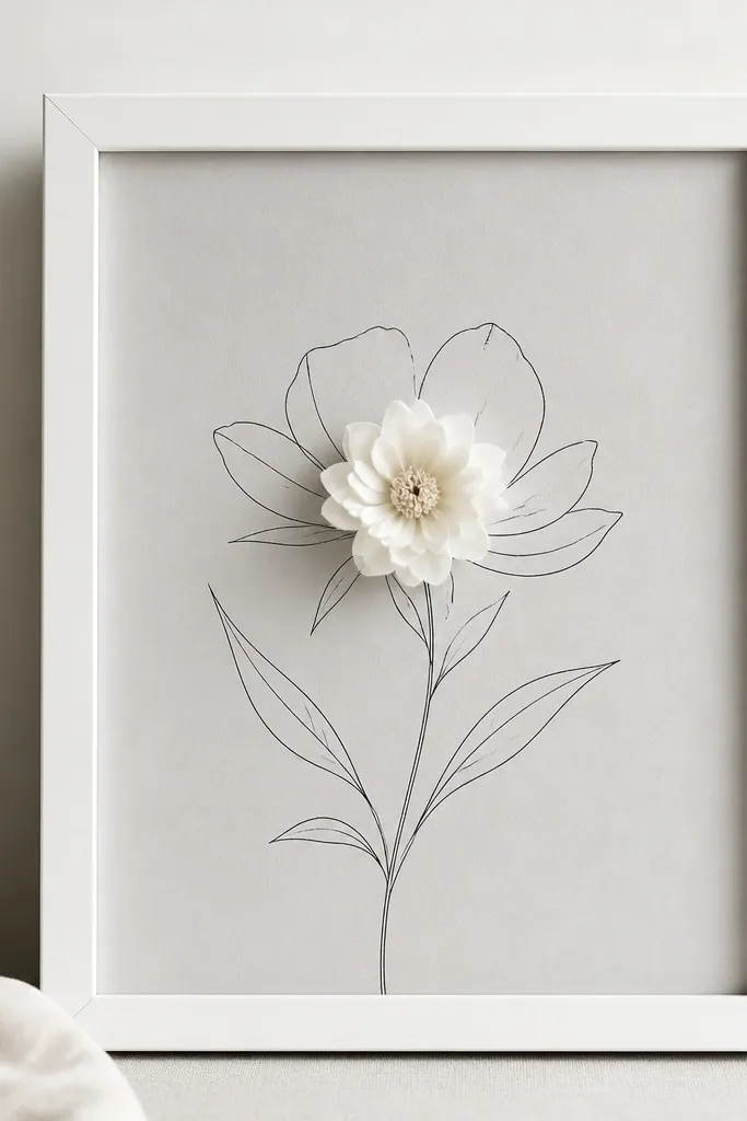 A white 8x10 frame with light gray backing. Thin black line art of a flower is printed or drawn on the backing, and a single small faux bloom in white sits in front at the center.