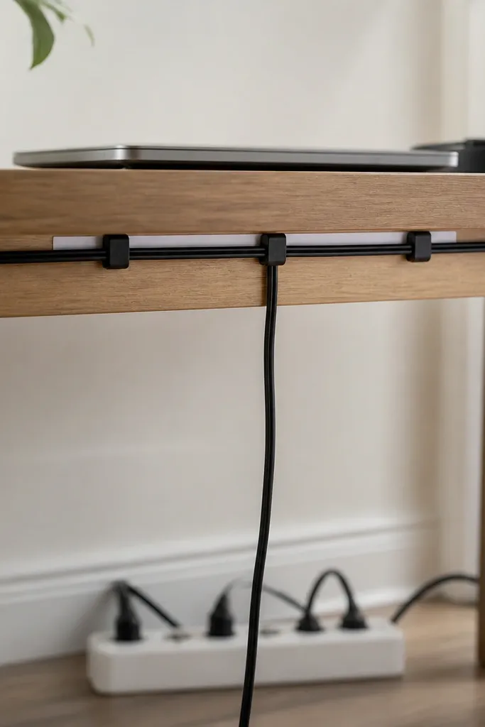 Three small adhesive cable clips run along the underside lip of a desk. A strip of white paper is visible behind the clips, and the cables hang neatly in a single line toward a power strip.