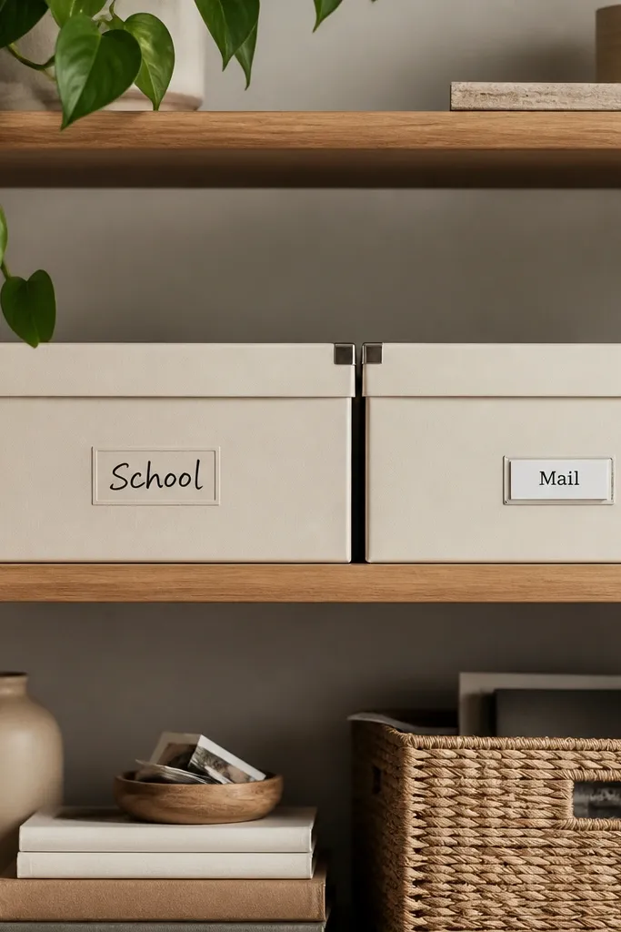 Two matching file boxes sit side-by-side on a shelf. One is labeled in black marker 'School' and the other 'Mail' with a small label maker. The boxes are cream with a matte finish.