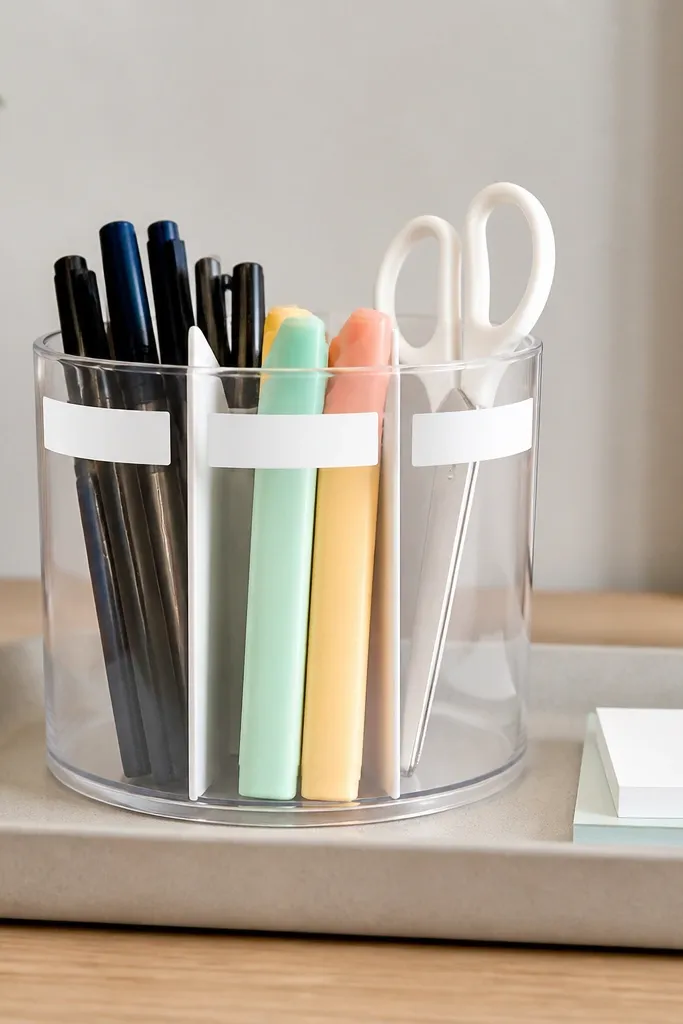 A clear plastic cup sits inside a larger tray. Inside the cup are two card dividers creating three sections for pens, highlighters, and scissors, with labels written on small white tape strips.