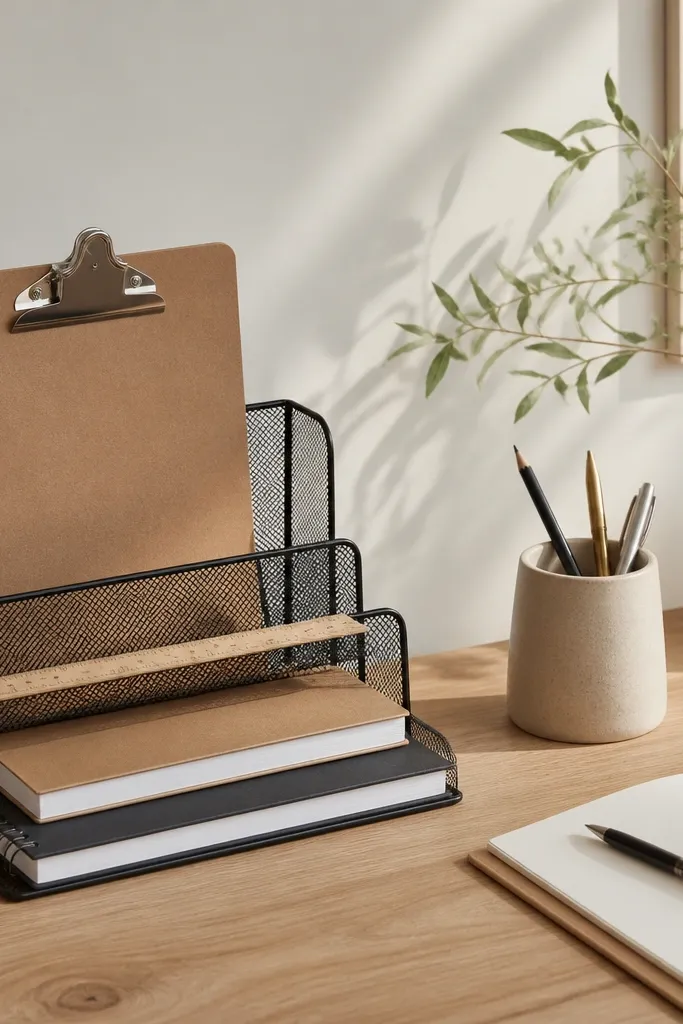 A black metal magazine holder stands on the desk's left side. It holds a clipboard in the back slot and two notebooks stacked flat in front slots, with a ruler resting across the top.