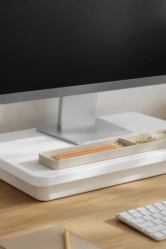 A low riser sits under a monitor. It's made from a sturdy flat storage bin lid covered with white contact paper, and a slim pencil organizer sits on top.