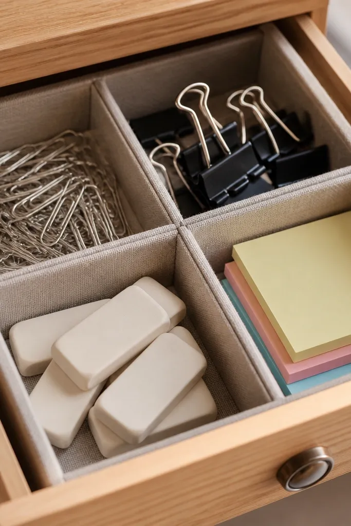 Inside a shallow desk drawer, small square liners form compartments. Each compartment holds a different item group: paper clips, binder clips, erasers, and small sticky notes.
