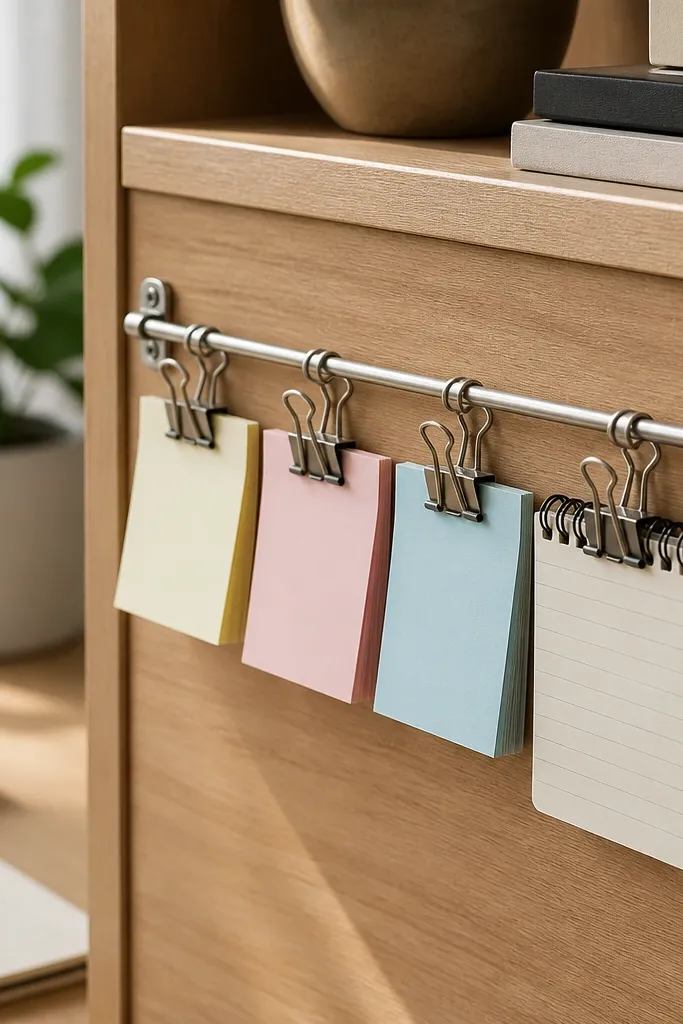 A small metal rail with binder clips holds sticky notes and a tiny notepad. The rail is mounted on the side of a desk shelf, with notes fanned neatly.