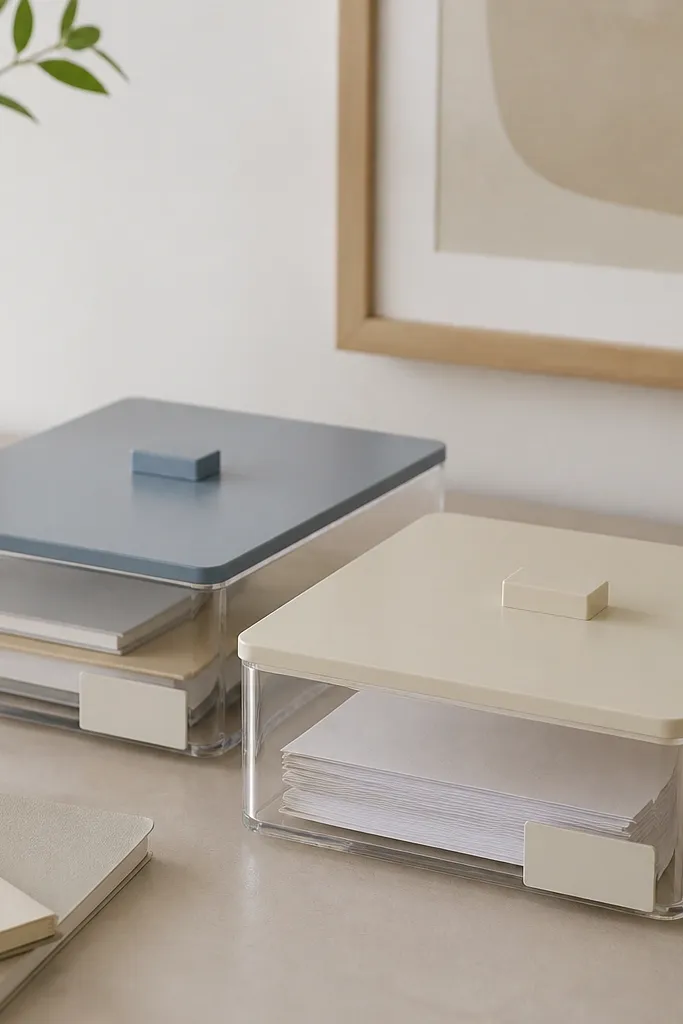 Two clear acrylic trays sit on a desk. Each tray has a matching lid in muted blue and cream, and small labels are placed on the front corners.