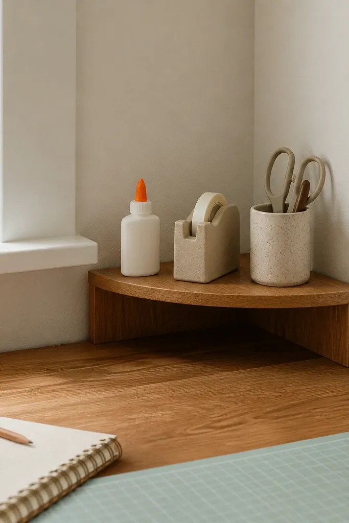 A small corner shelf holds a glue bottle upright, a tape dispenser, and a pair of scissors in a cup. The shelf has a warm wood tone and sits against the desk's back corner.
