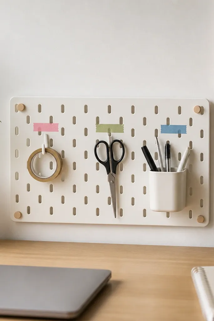 A small pegboard panel is mounted behind a desk. Peg hooks hold a tape roll, scissors, and a cup of pens. Washi tape labels in different colors mark each hook position.
