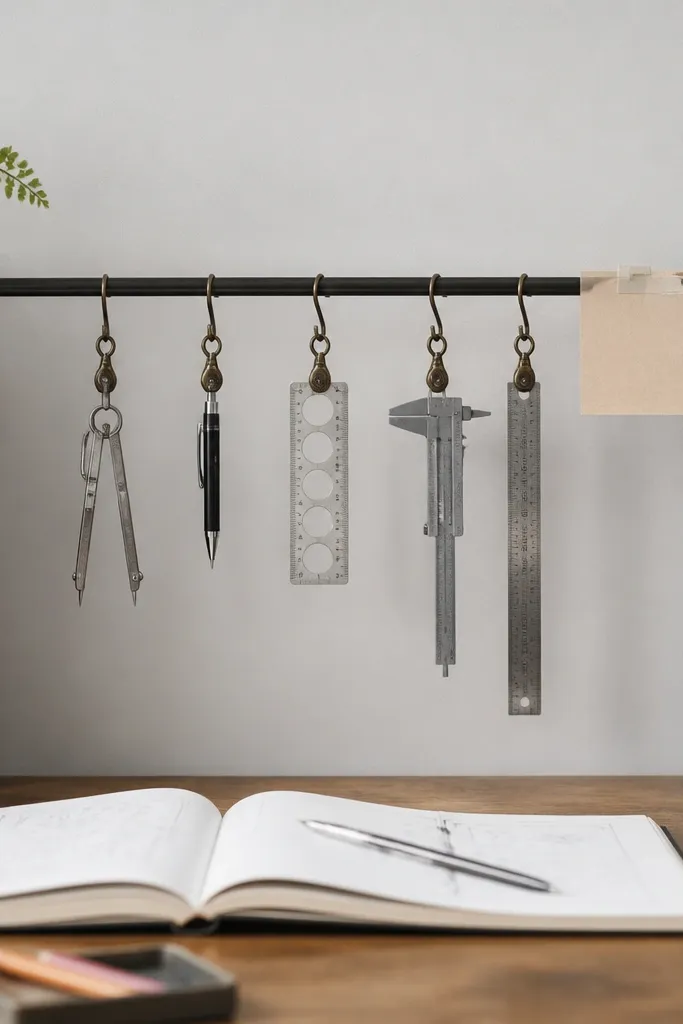 A tension rod spans between two bookends behind a desk. Measuring tools hang from small clips, and a paper label is taped to the rod end.