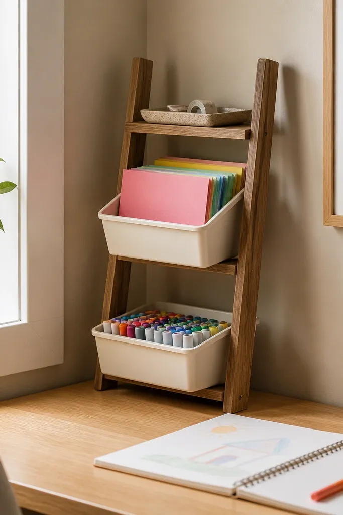 A small wooden ladder shelf sits in the desk corner. Two bins sit on middle rungs: one for colored paper and one for markers; the top rung holds a small tray.