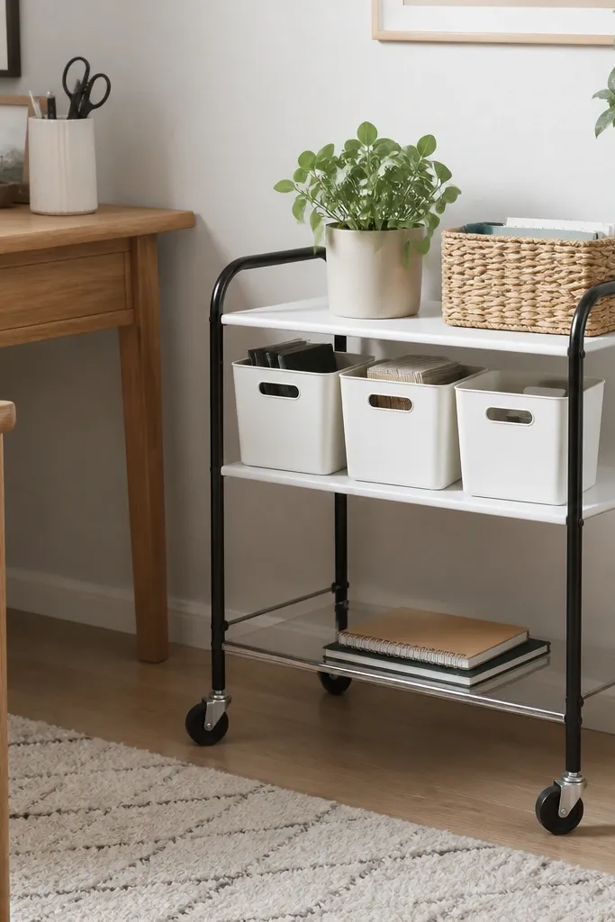 A small rolling cart sits beside a desk. One shelf is wrapped in white contact paper and holds labeled bins; the other shelf is clear with a single notebook stack.