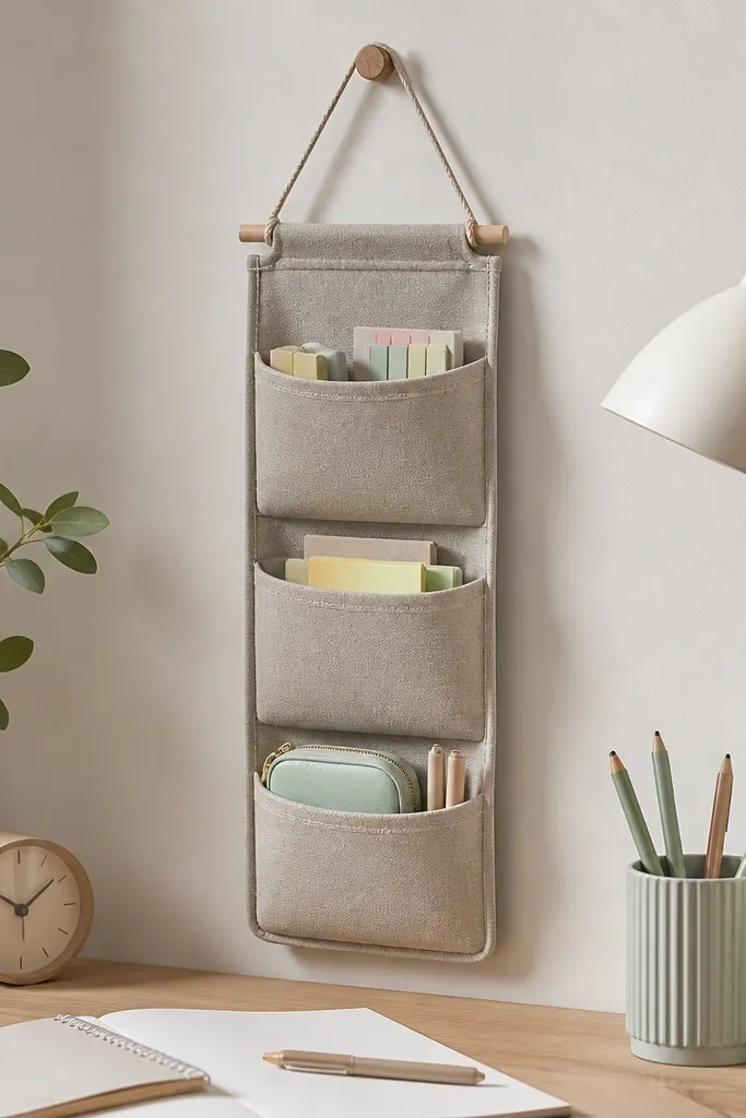 A vertical organizer pocket hangs on the wall behind the desk. It looks like a fabric or felt pocket divided into three sections, each holding small items like erasers, sticky flags, and a small pencil case.