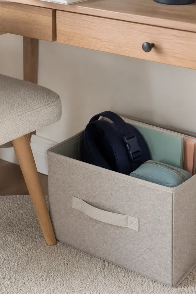 A fabric storage bin sits under the desk, labeled on the front. It holds a rolled-up backpack strap, homework folders, and a small zip pouch.