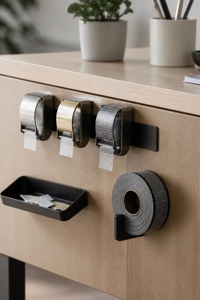 A magnetic strip holds metal tape dispensers or clips on the side of a desk. Nearby, a small tray catches tape ends and a roll is stored in a holder.