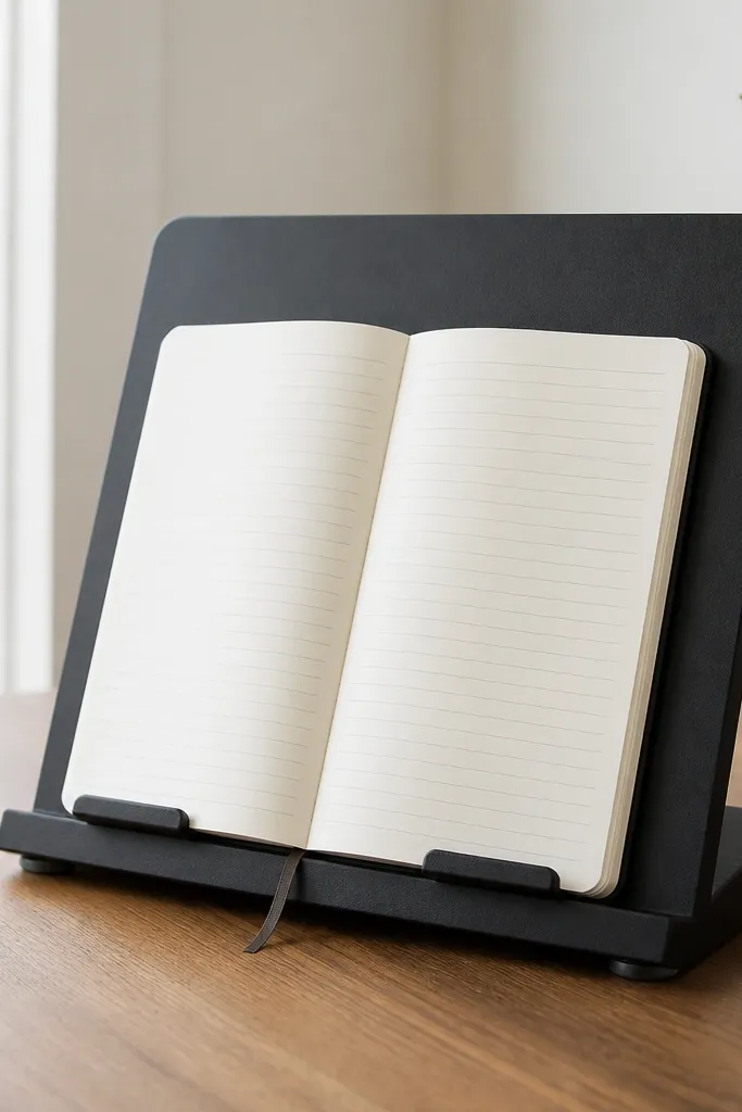 A foam board stand props a notebook upright. The stand is covered in matte black contact paper and has two small rubber feet at the base.