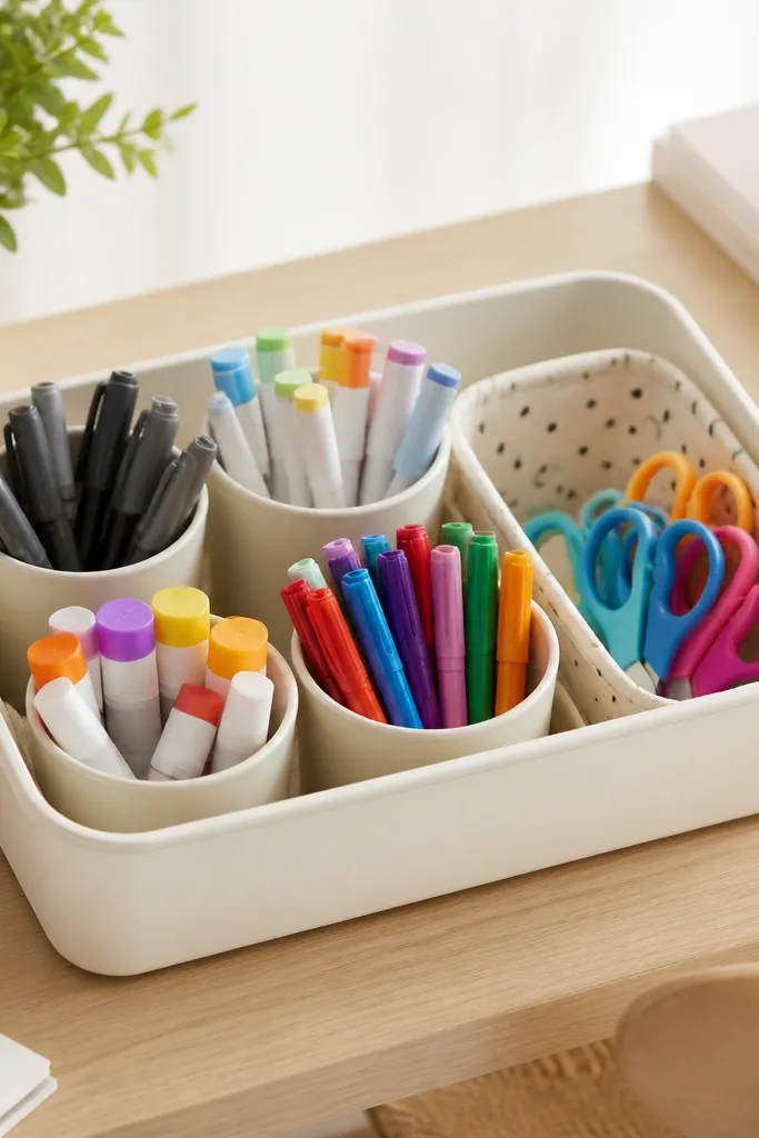 A shallow plastic tray sits on the desk. Inside are removable sections made from small cups and a folded liner; items like glue sticks, markers, and scissors are grouped by type.