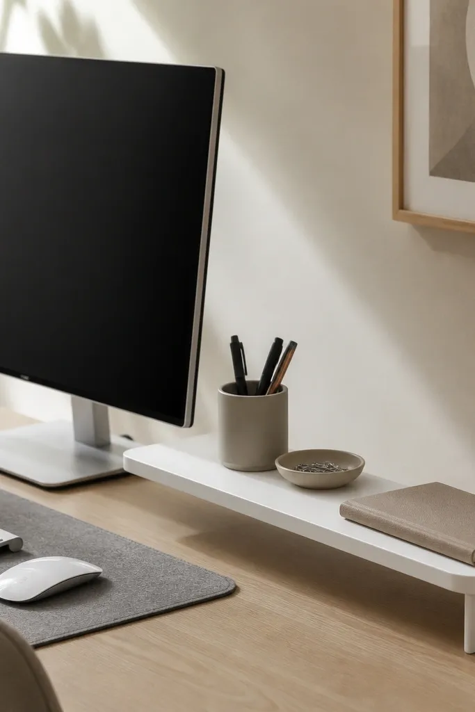 A slim shelf beside the monitor holds a single pen cup, a small dish for paperclips, and a closed notebook. The shelf is white with rounded edges and a matte finish.