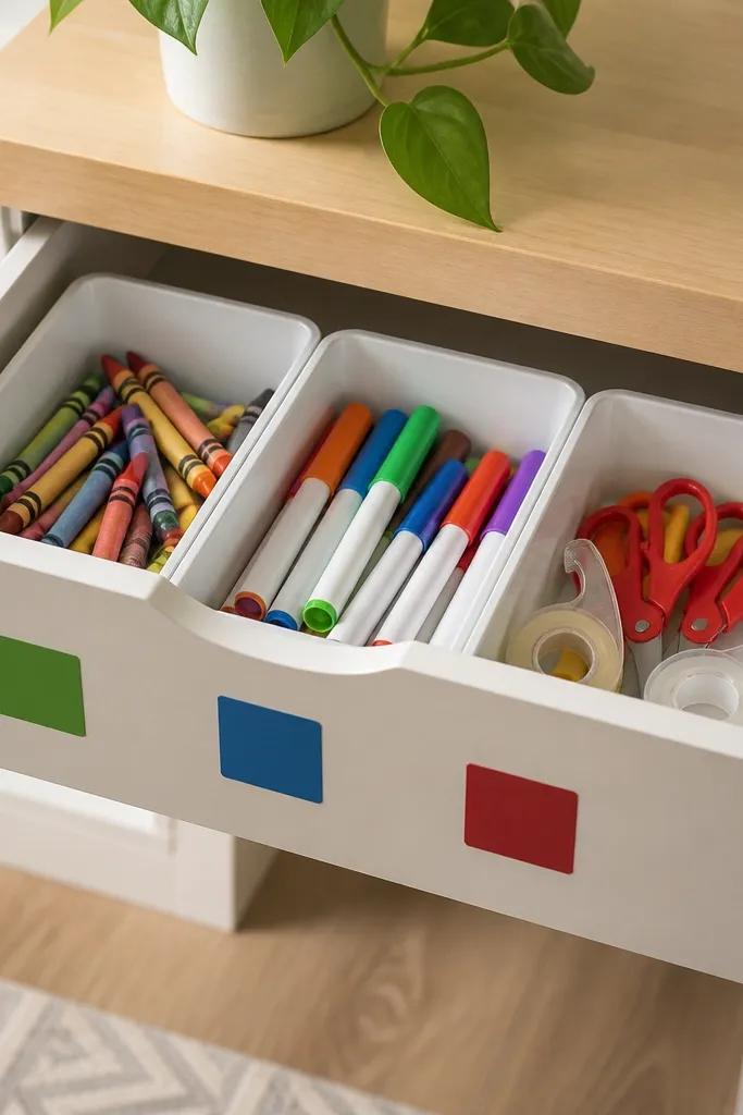 A desk drawer has three compartments with colored labels on the drawer front: green for crayons, blue for markers, red for scissors and tape. Each compartment uses small bins.