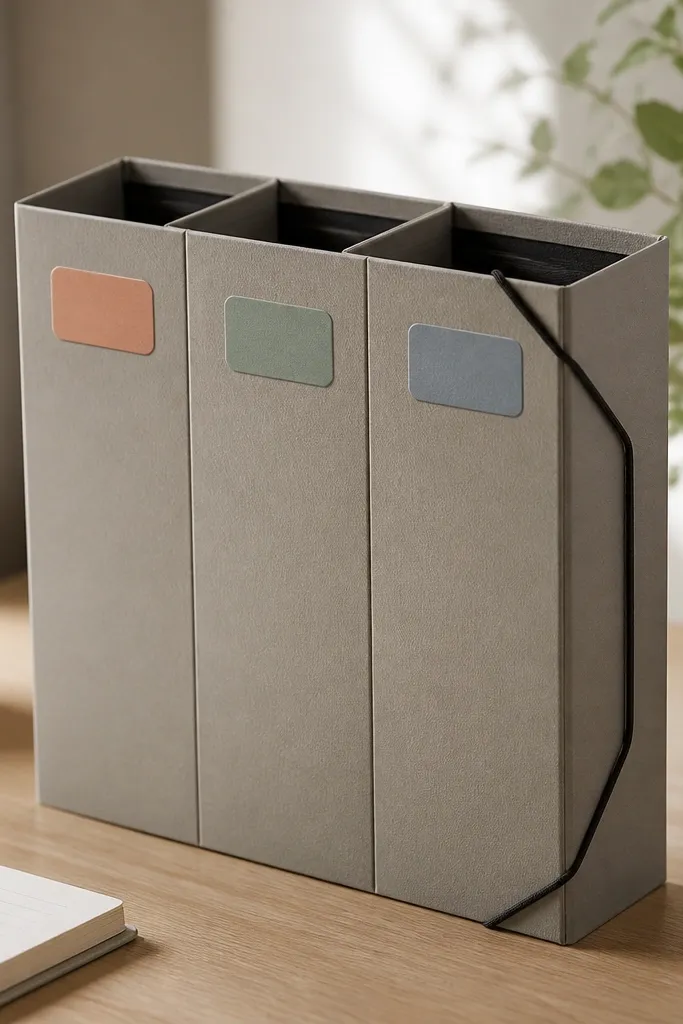 A tri-fold paper organizer sits on the desk. It looks like a thick file folder folded into three sections with elastic bands holding it closed, and each section is labeled with a small sticker.