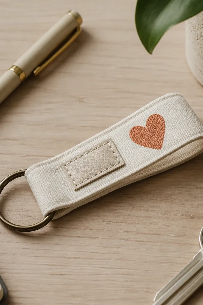 A finished fabric key fob made from thick cream cotton with a rust-colored stamped heart, a small stitched name tag on the front, and a metal key ring attached. The background shows a clutter-free desk with a pen and keys.