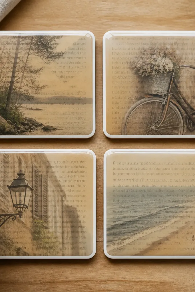 Four square coasters with glossy clear coating. Each coaster shows a different faded photo image transferred over a warm beige background made from old book pages, with a neat white border around the edges.