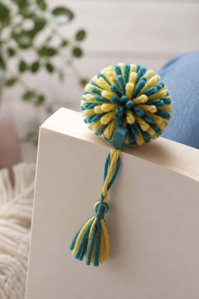 A bright pom-pom bookmark with alternating teal and yellow yarn strands, a simple yarn tassel tail, and a small stitched ribbon loop near the top. The photo shows it tucked into a paperback.