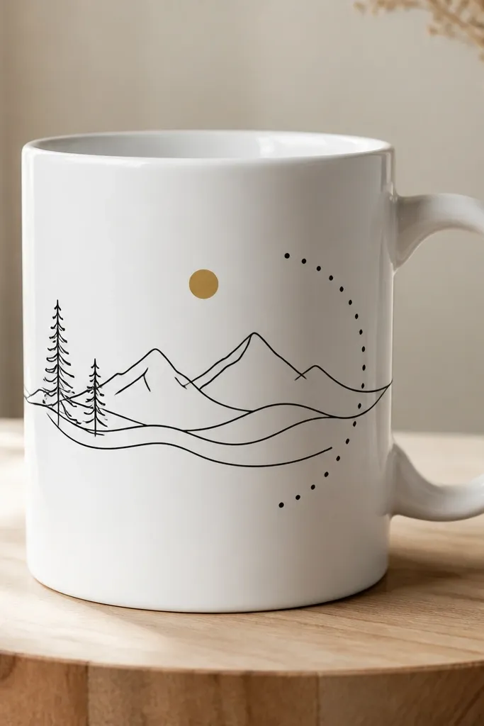 A plain white ceramic mug with a vinyl decal that wraps around the middle. The design is a simple line drawing in black with a small gold dot accent, and text curves along the handle side.