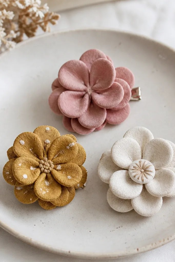 Three small fabric flower hair clips in layered petals. One is dusty pink, one is mustard with tiny stitched dots, and one is cream with a stitched center button. Clips are attached at the back.