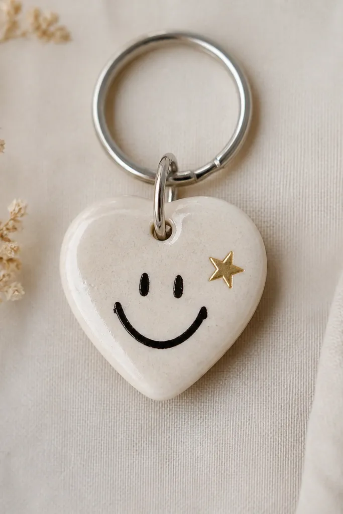 A small heart-shaped salt dough charm with a smooth surface and glossy seal. The charm has a hand-drawn smile in black paint pen and a tiny gold star. It hangs from a silver key ring.