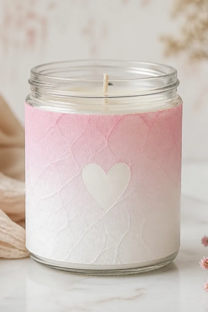 A clear jar candle with an ombré label effect. Tissue paper in light pink fading into white covers parts of the glass, and a simple stencil word sits in the center.