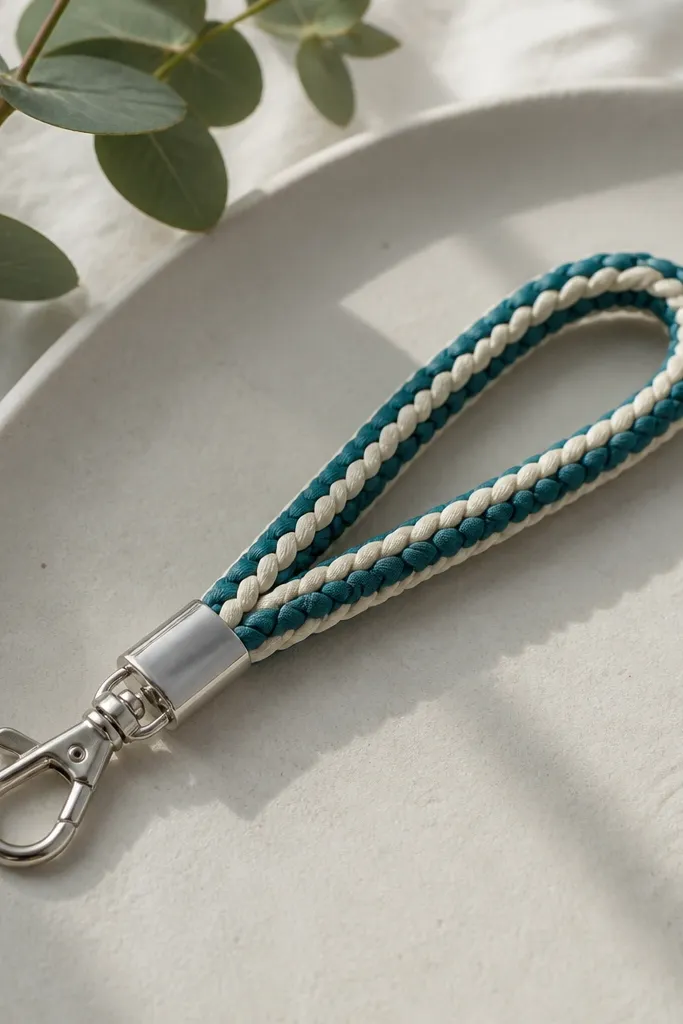 A neat braided bracelet-style cord tied into a keychain loop. It uses two colors, teal and cream, with a tight braid and a small metal clasp at the end.