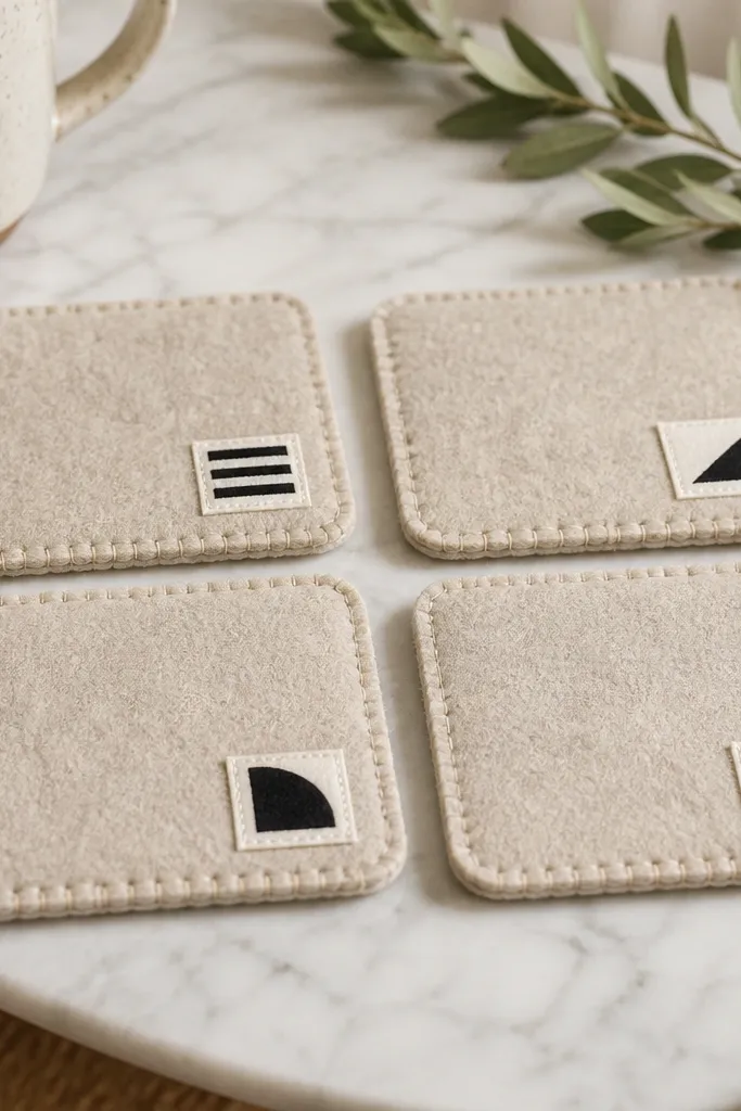 Four felt coasters in a natural oatmeal color with stitched-looking edges. Each has a small iron-on label square in black and white, arranged neatly in a set.