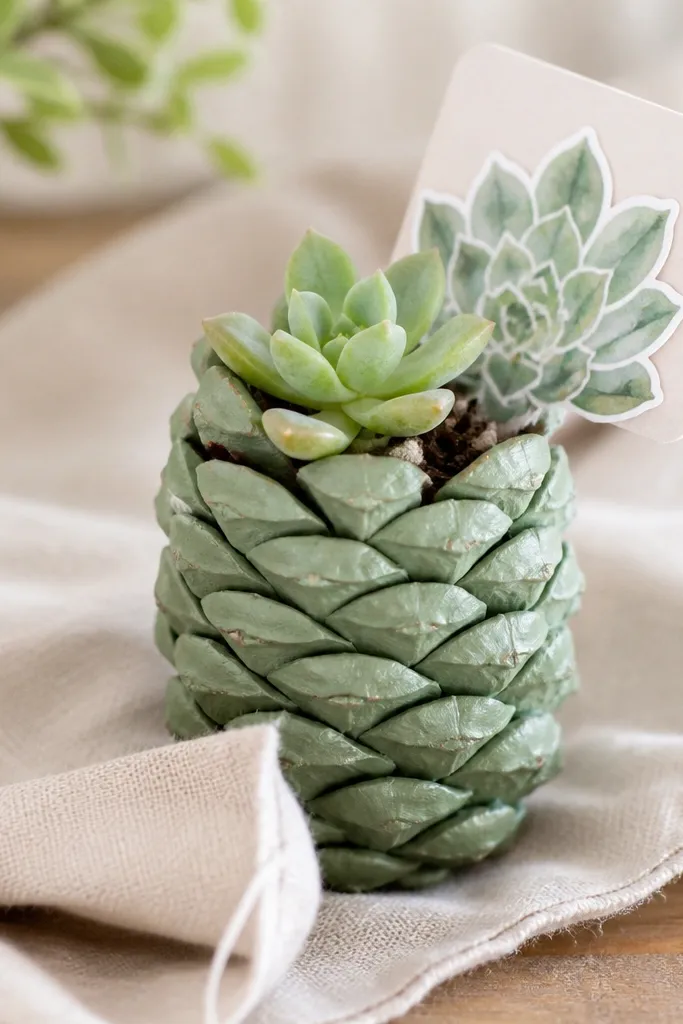 A small pinecone painted in matte sage green and partially filled with soil. A tiny succulent sits inside, and a card with a paper succulent cutout is tucked against the base.