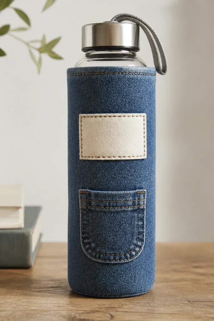 A fitted water bottle sleeve made from denim with a stitched name patch on the front and a small pocket. The sleeve looks like it hugs a standard bottle with a snug seam.
