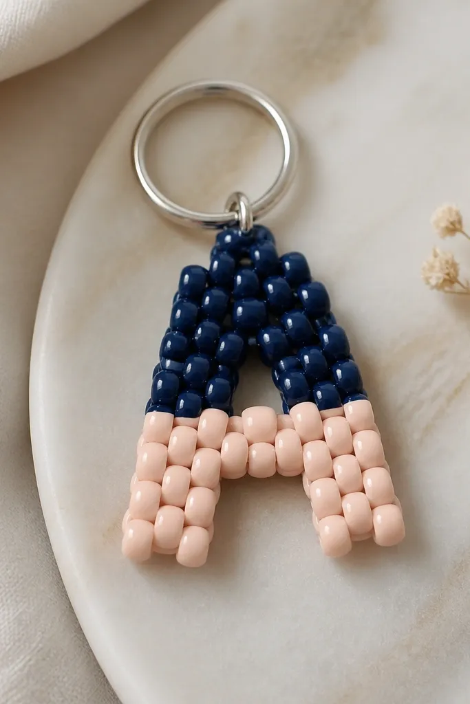 A keychain shaped like a single big letter made from pony beads. The letter has two color blocks, like navy and blush, with a glossy finish and a metal ring.