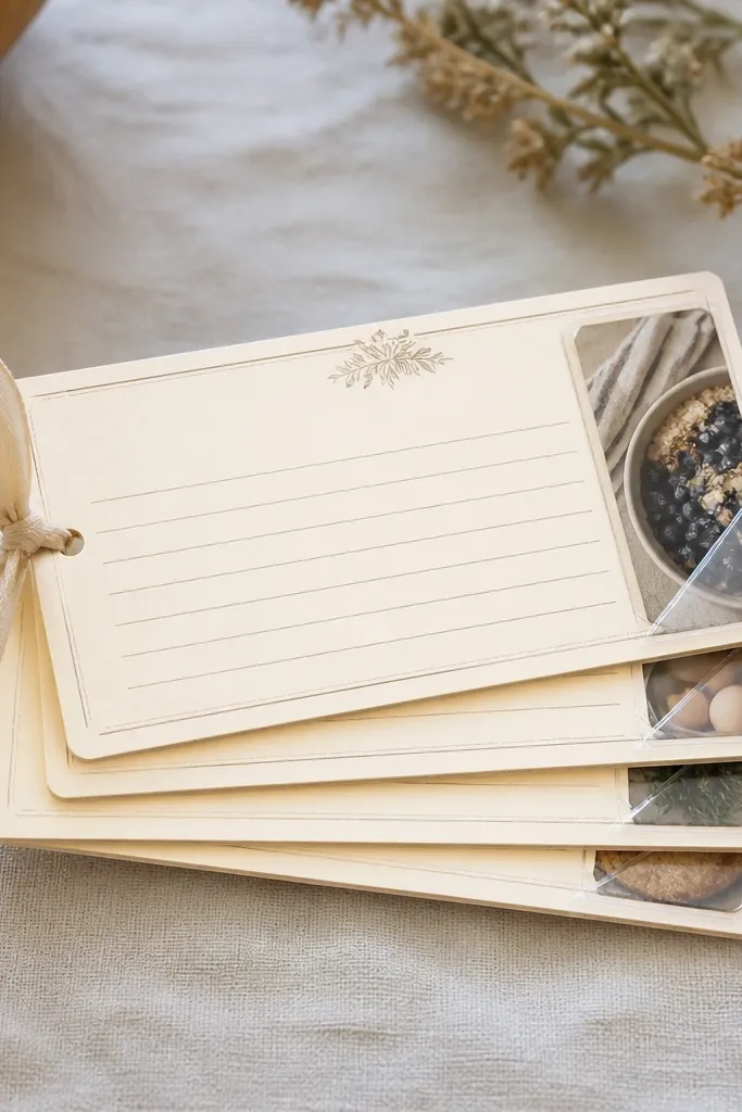 A set of four recipe cards in cream cardstock, each with neat handwriting and a tiny photo tucked into a corner pocket made from clear plastic. A small ribbon ties them together.