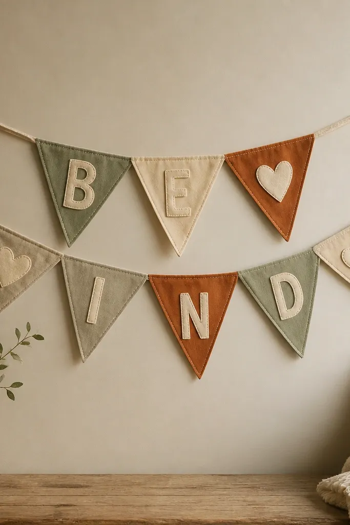 A small fabric banner made from triangle bunting. Each triangle has hand-cut letter shapes sewn on, spelling a short message, with muted colors like sage, cream, and rust.