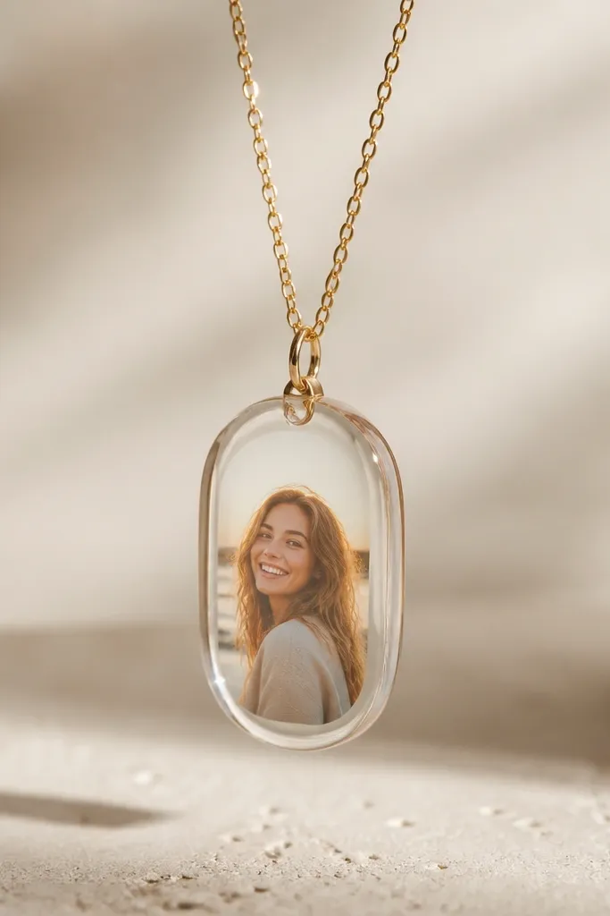 A small clear resin pendant with a photo inside. The photo shows a smiling face in warm tones, and the pendant hangs from a thin gold chain with a simple clasp.