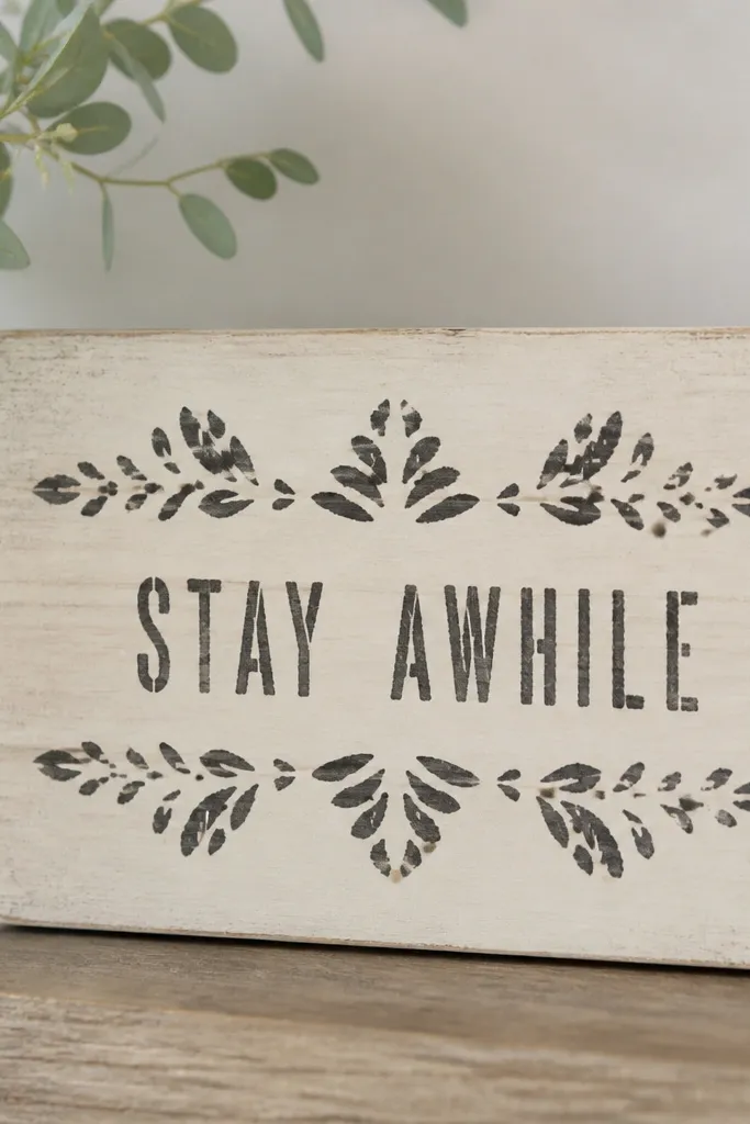 A small wooden board painted off-white with a stencil pattern in black. A simple phrase is hand-stenciled across the center, and the board has a sawtooth hanger on the back.