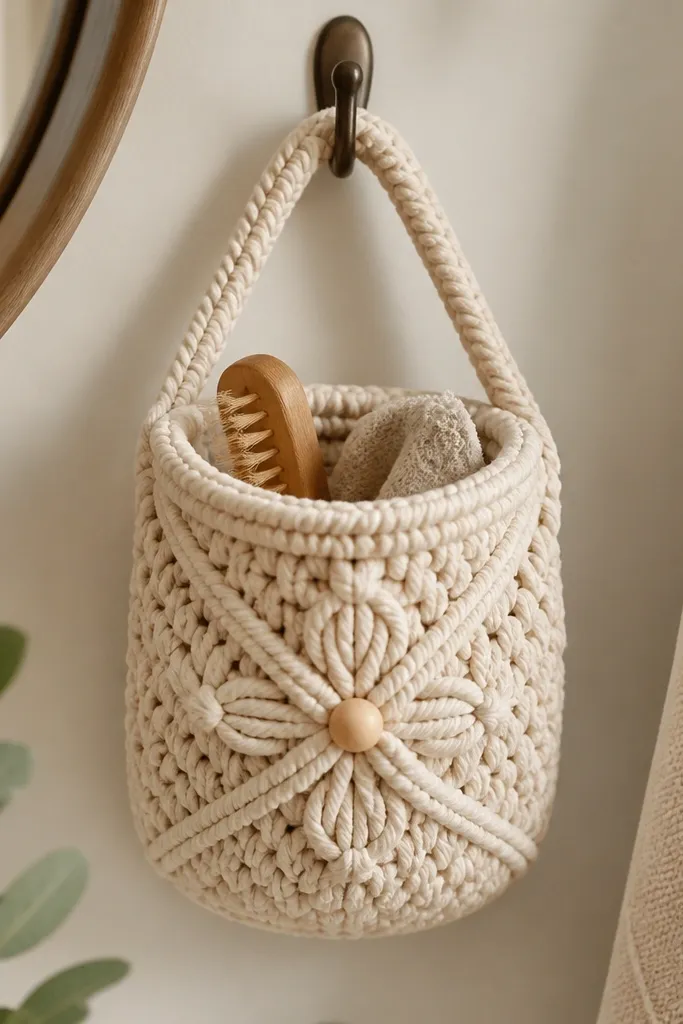 A small macramé basket hanging or sitting on a hook. It's made from thick natural cotton rope with a neat knot pattern and a small wooden bead at the center.