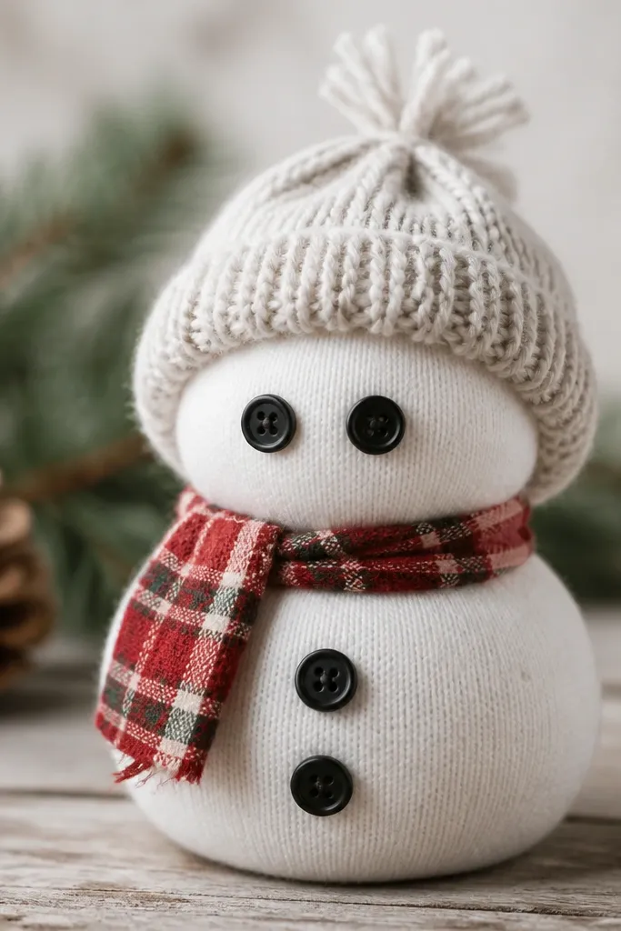 A small sock snowman made from white socks. It has a stitched scarf in red plaid, a button face with two black buttons, and a tiny yarn hat.