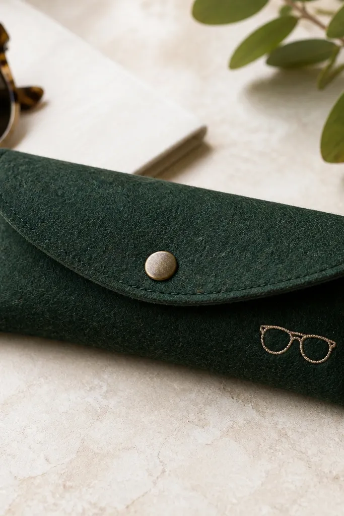 A compact felt sunglasses case in dark green. It has a flap with a snap button and a small stitched sunglasses icon on the front.
